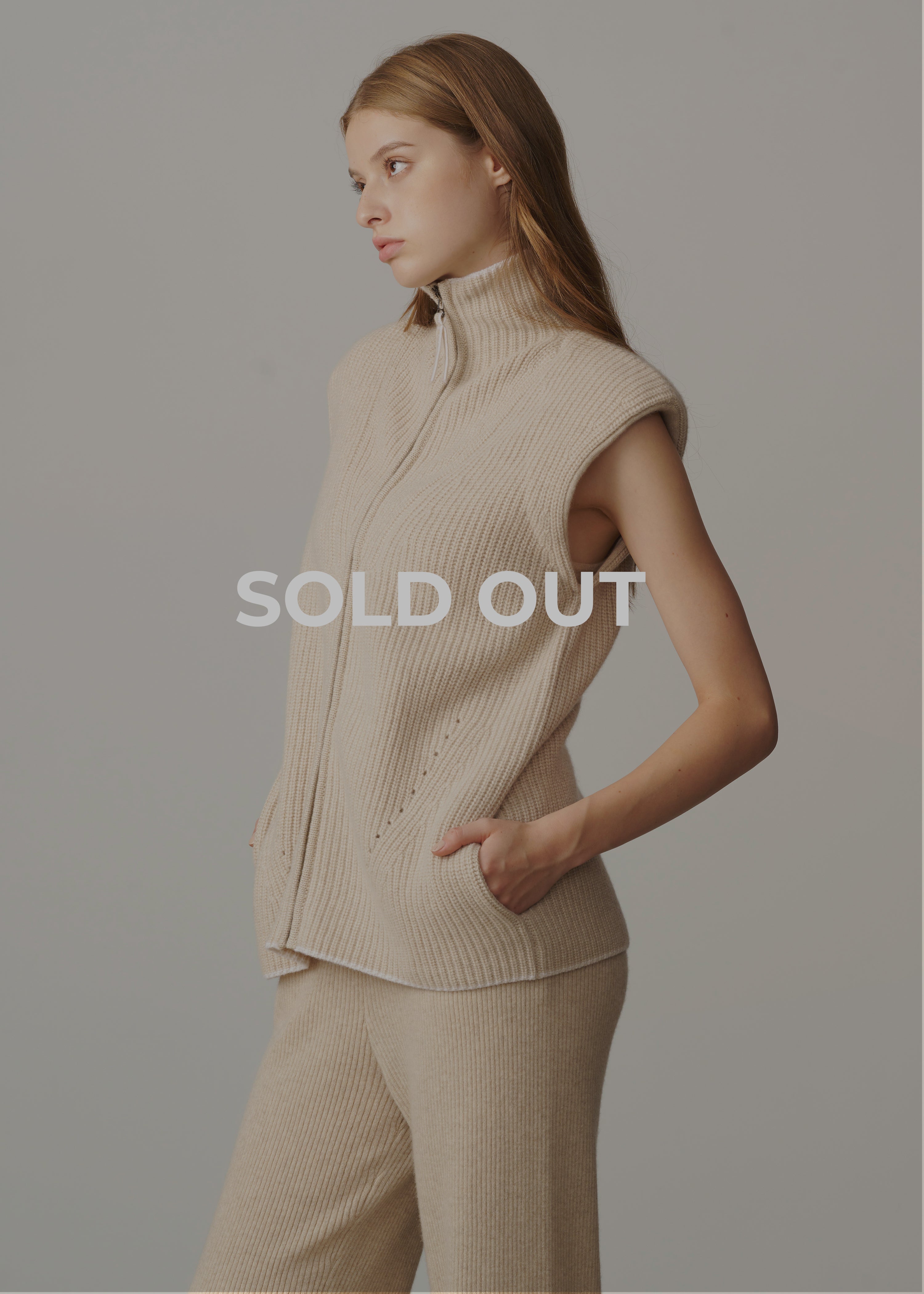 Margaret Shoulder Pad Zipper Sweater Vest - Beige