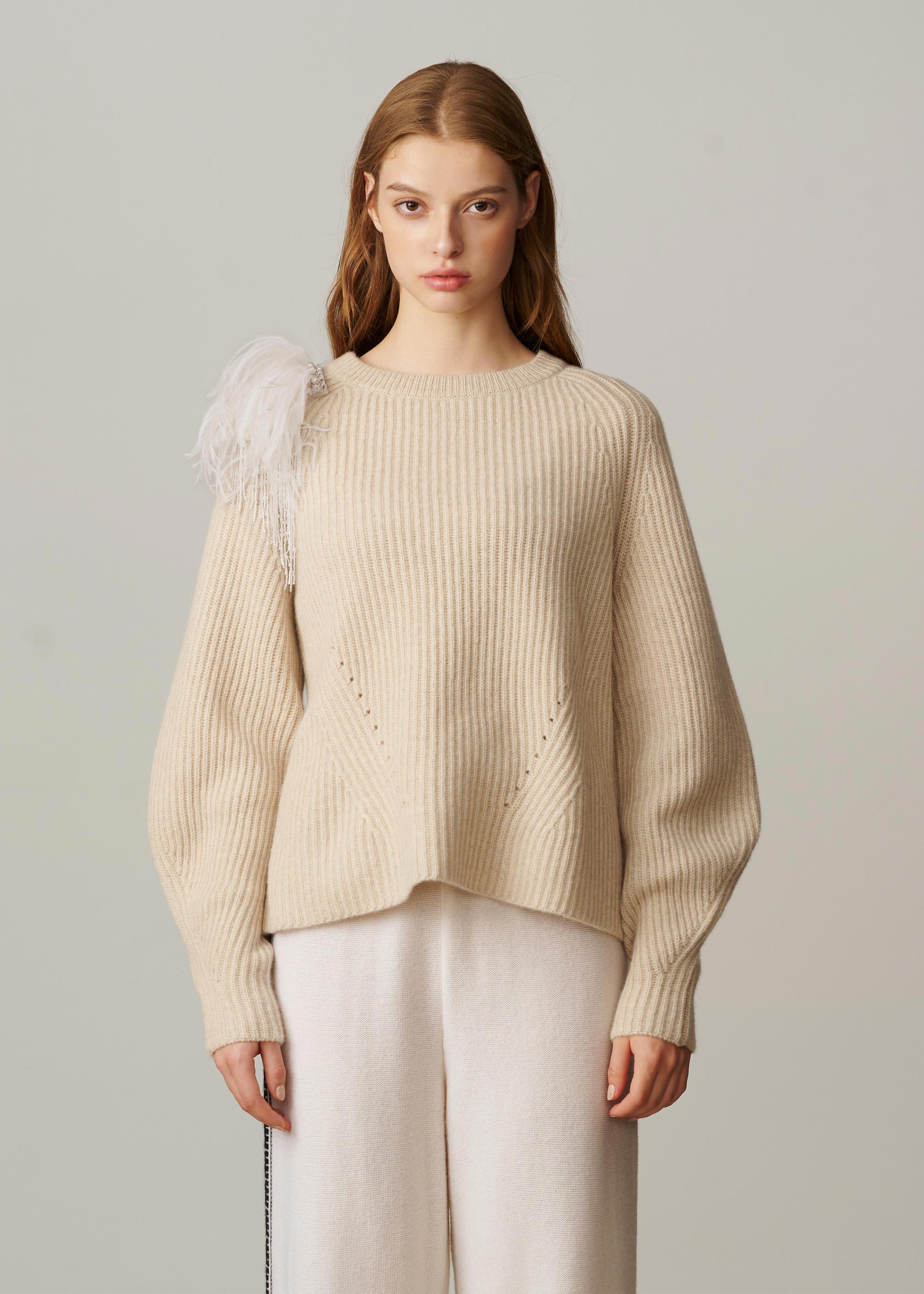 Paola Ribbed Crew-neck Sweater With Detachable Feather Brooch - Beige