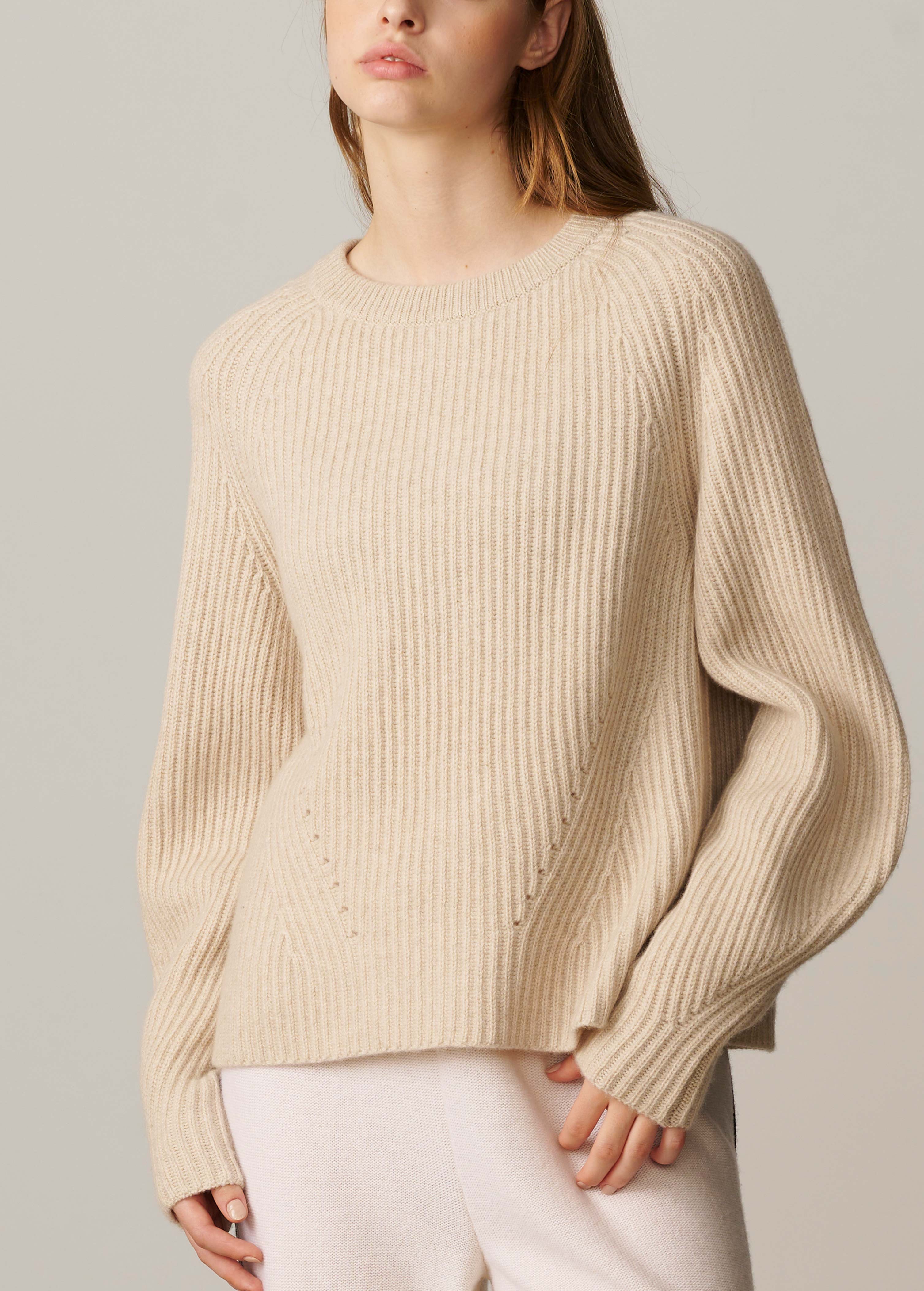 Paola Ribbed Crew-neck Sweater With Detachable Feather Brooch - Beige