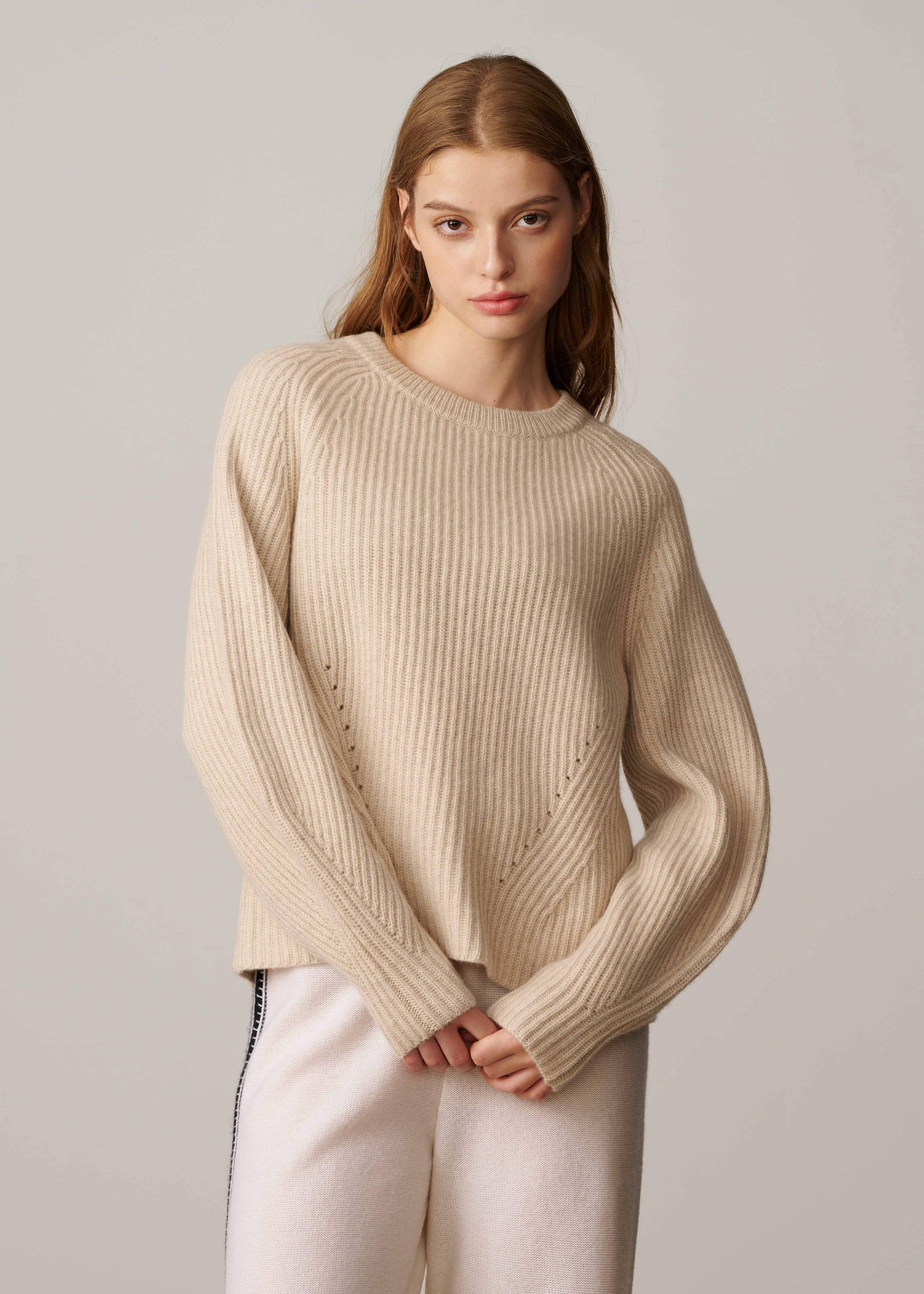 Paola Ribbed Crew-neck Sweater With Detachable Feather Brooch - Beige