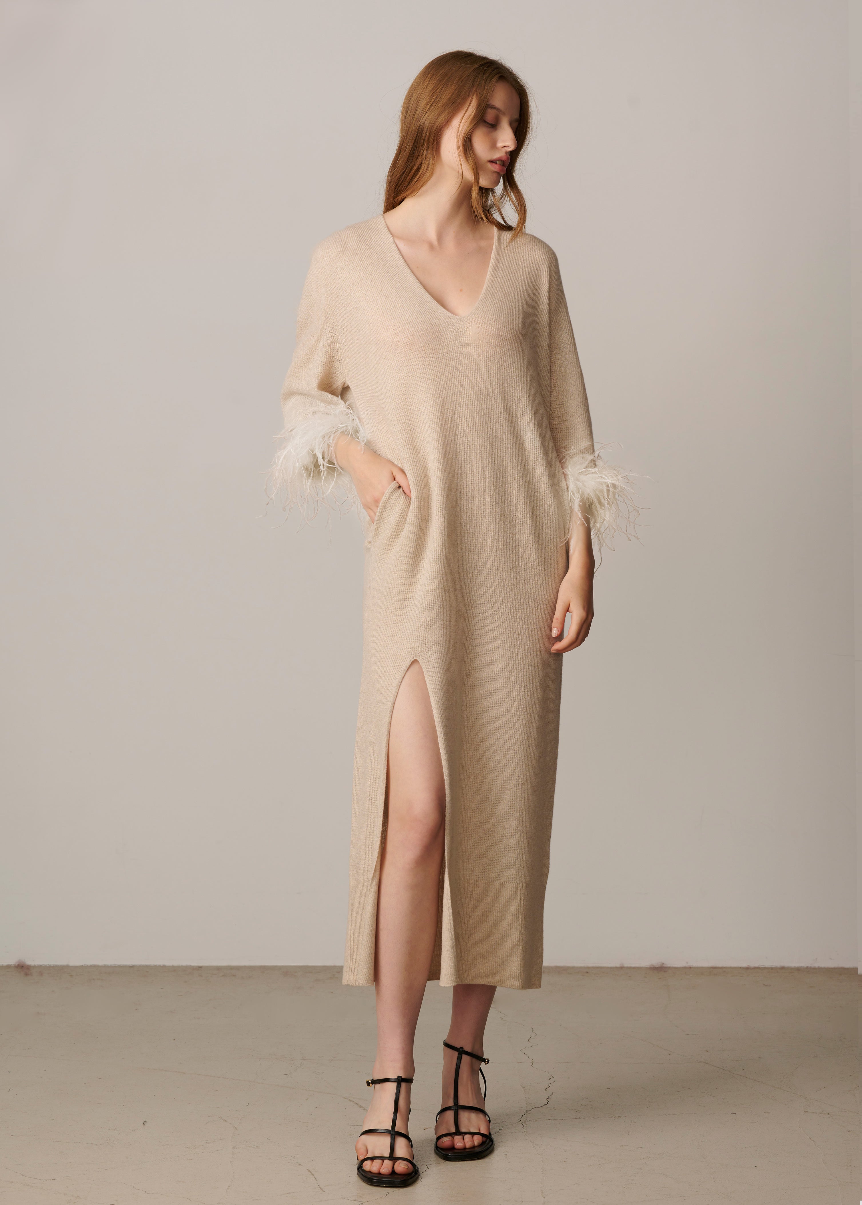 Grace Deep V Split Dress With Detachable Feather - Beige