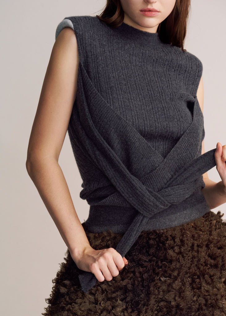 DCV shoulder padded cashmere layered sweater front view