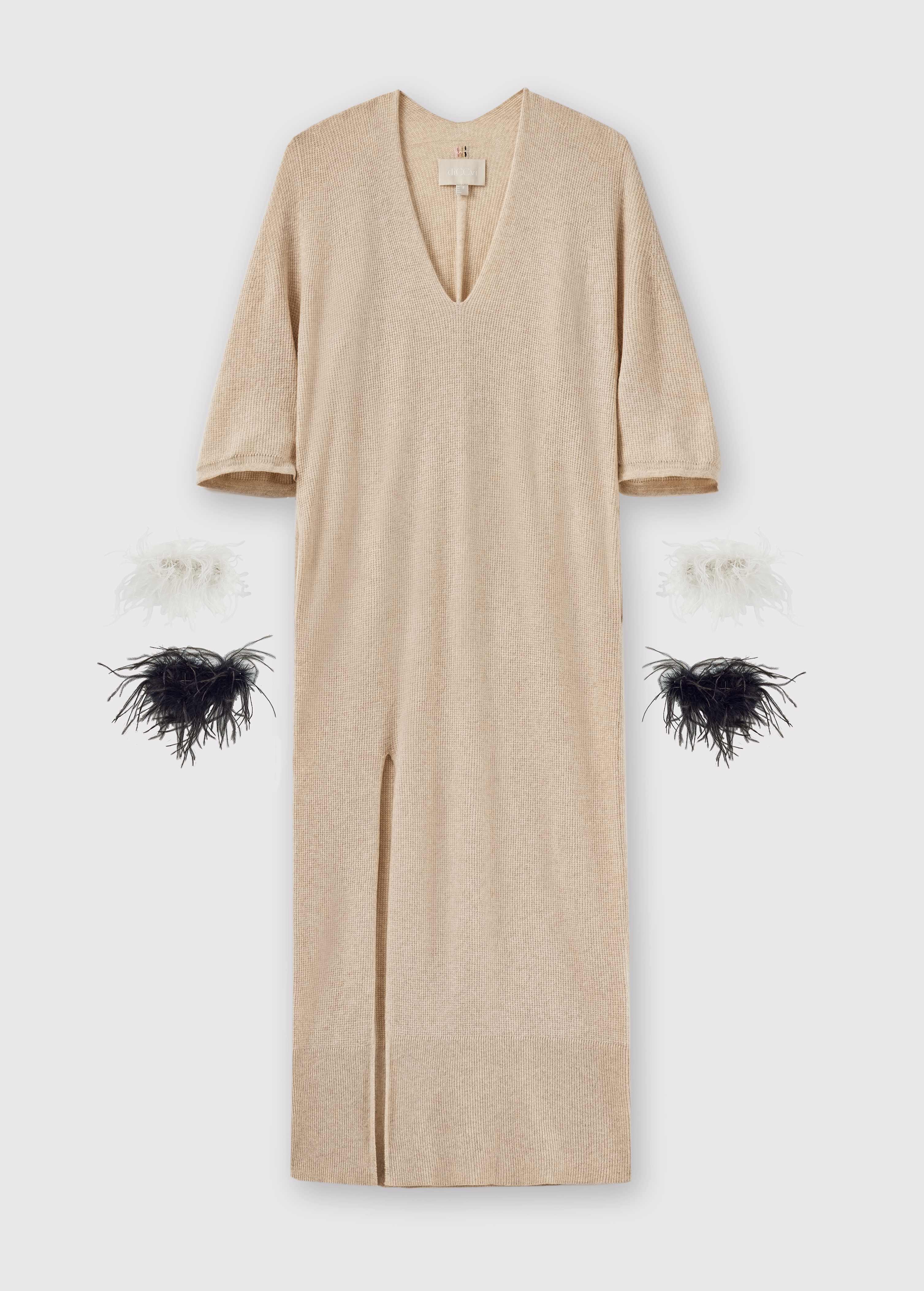 Grace Deep V Split Dress With Detachable Feather - Beige