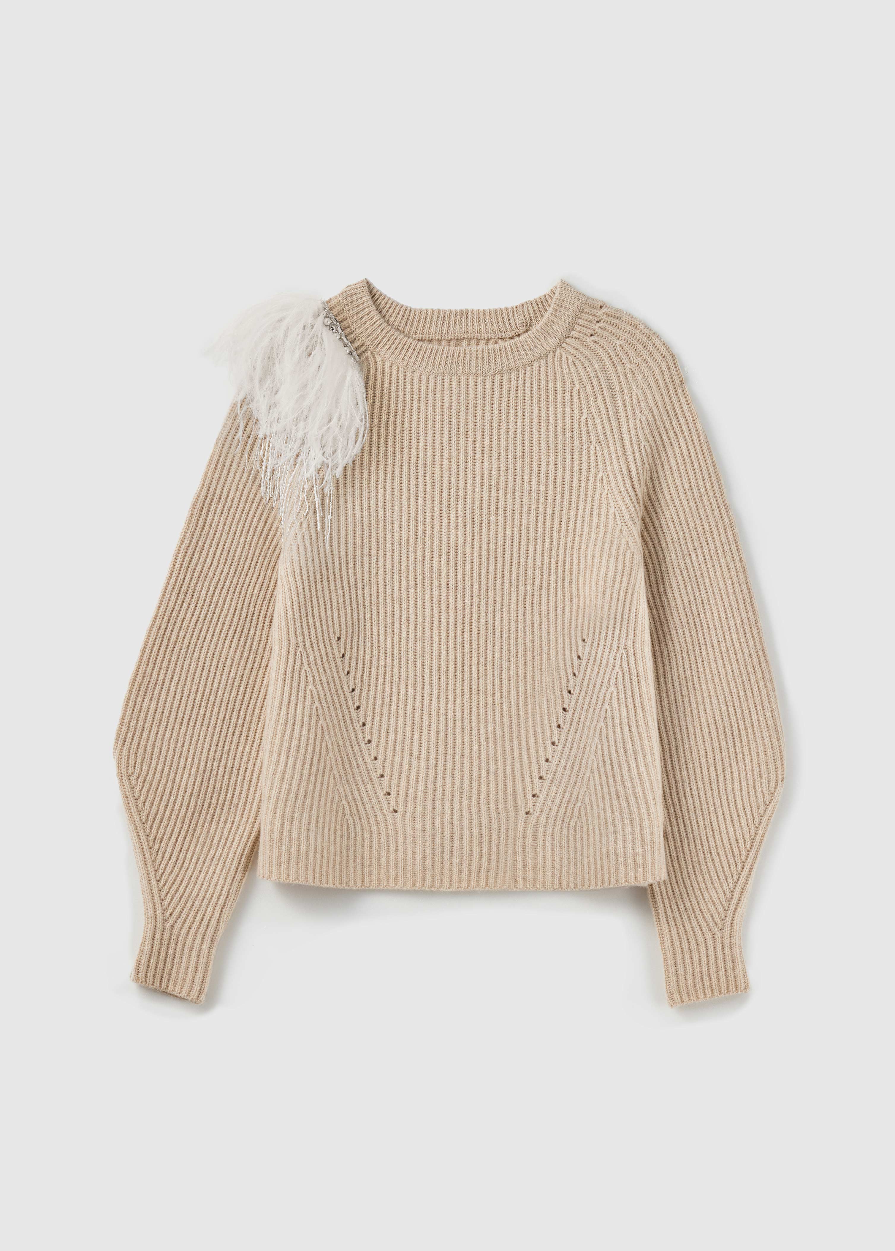 Paola Ribbed Crew-neck Sweater With Detachable Feather Brooch - Beige