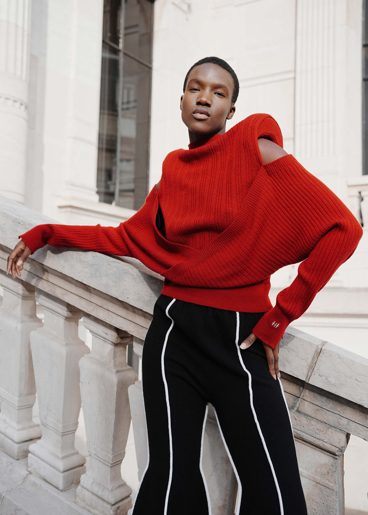 DCV shoulder padded cashmere layered sweater front view